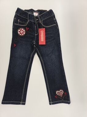 Gymboree Alpine Sweetie Dark Wash Straight Leg Jeans with Red Floral Embroidery